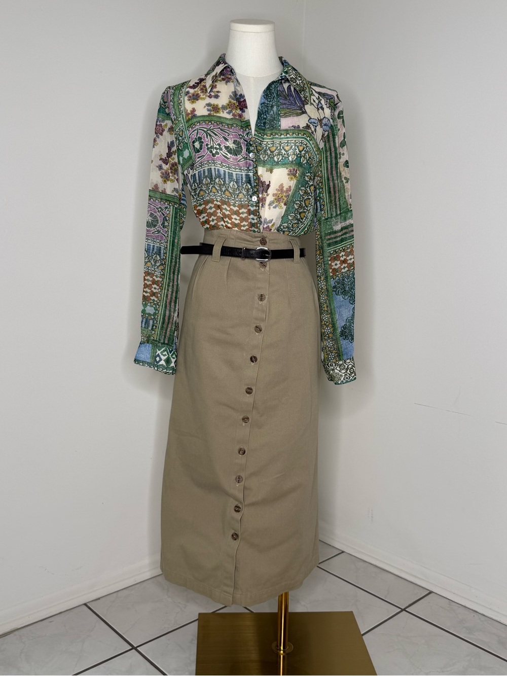 Ruff Hewn Button-Front Midi Skirt - Tan